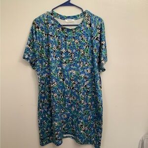 Poetsky Blue & Green Abstract Floral T-Shirt Dress